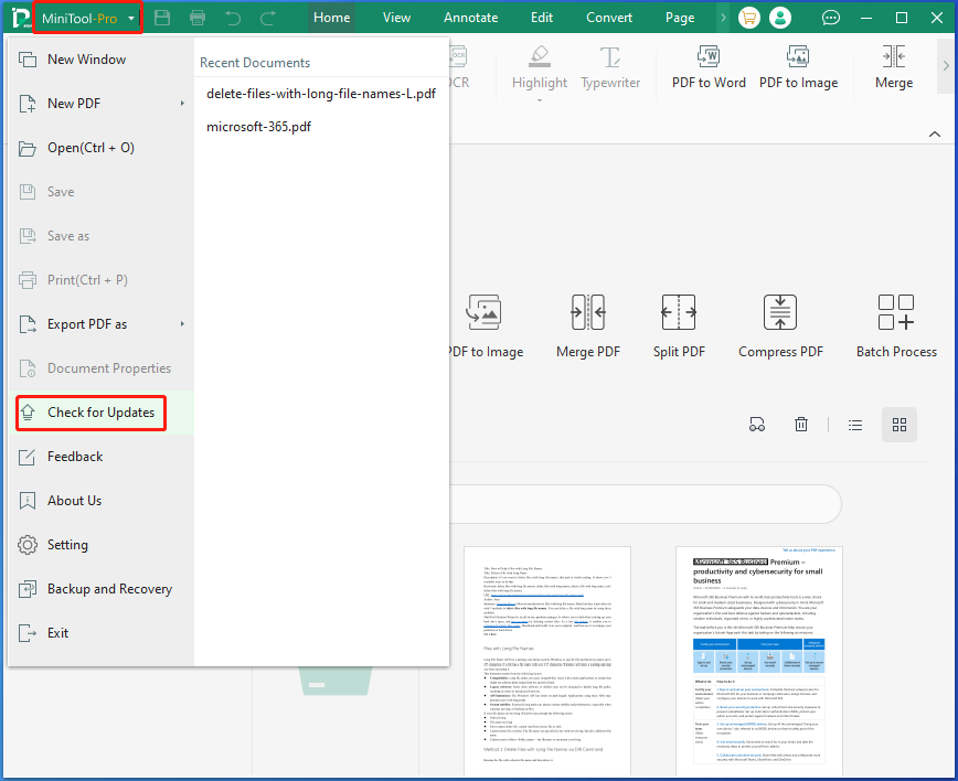 MiniTool PDF Editor check for updates