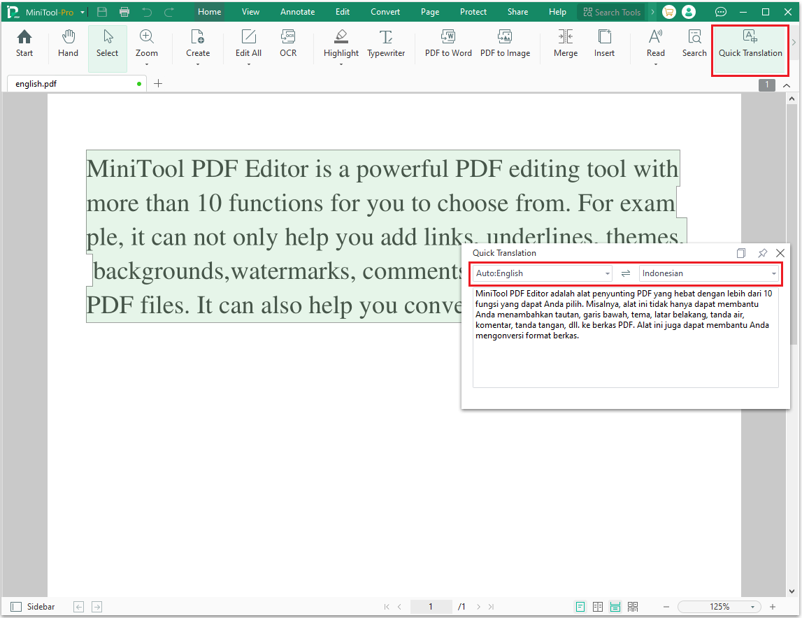 MiniTool PDF Editor translate English to Indonesian PDF