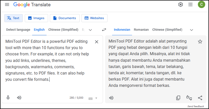 Google Translate Text English to Indonesian