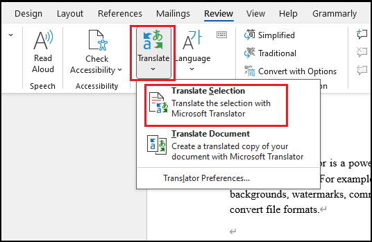 click Microsoft Word translate feature