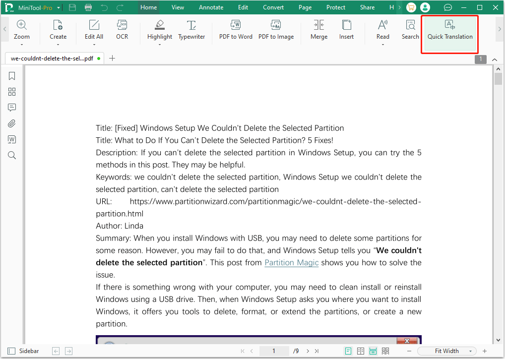 MiniTool PDF Editor Quick Translation