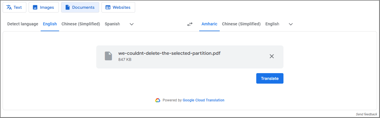 Google Translate Documents English to Amharic